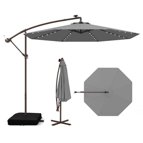 COSTWAY Ombrellone da Giardino con 40 Luci a LED, con Sacco di Sabbia, Ombrellone 300 cm con Altezza Regolabile, Ombrellone con Manovella per Giardino Piscina Patio, 300 x 300 x 250 cm (Grigio)