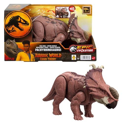 Mattel ​Jurassic World: Teoria del Caos Netflix - Pachyrhinosauro Ruggito Selvaggio, dinosauro snodato con colpo di testa continuo e ruggito, gira la rotella e attiva l'attacco, 4+ anni, Rosa, HTK72