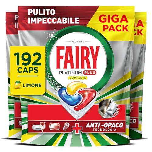Fairy Platinum Detersivo Pastiglie Lavastoviglie Plus, Brillantante, 192 Capsule Lavastoviglie, Limone, Tecnologia Anti-Opaco, Contro Il Grasso e le Incrostazioni Ostinate Anche Nei Cicli Brevi
