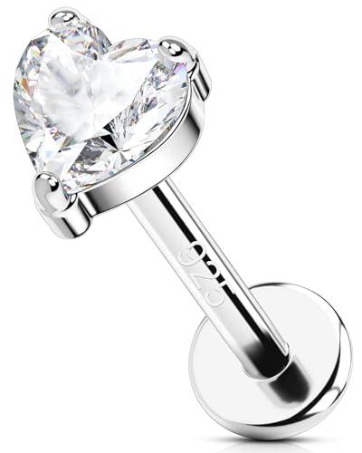 OUFER 16G Cuore Orecchini Helix Argento 925 Filettato Interno Piercing Trago Uomo Transparent CZ Conch Lobe per Donne 6/8 mm Lip Stud