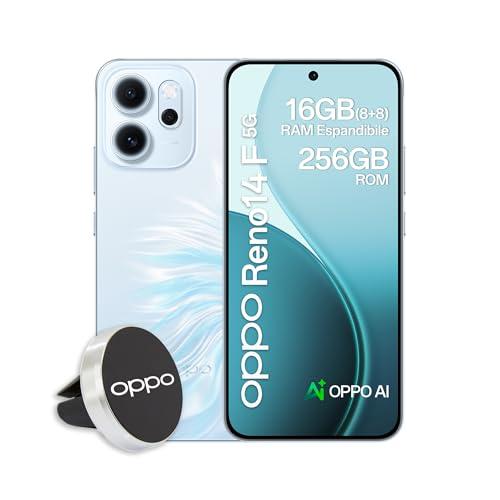 OPPO Reno14 F 5G AI Smartphone, Tripla fotocamera 50+8+2MP, Selfie 32MP, Display 6.57” 120HZ AMOLED FHD+, 6000mAh, RAM 8GB(Esp4GB/6GB/8GB)+ROM 256GB, Supporto Auto [Versione Italia], Opal Blue