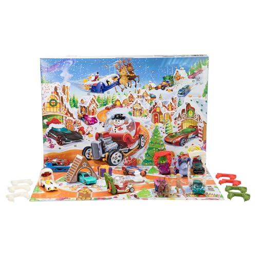 Hot Wheels - Calendario dell'Avvento 2025, 24 finestrelle numerate con sorprese a tema Natale, 10 macchinine, 10 clip e 14 accessori inclusi, giocattolo per bambini, 3+ anni, JCB47