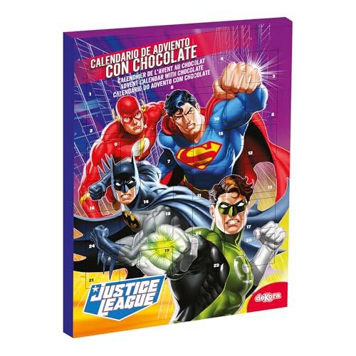dekora - Calendario dell’Avvento Justice League – 50 g Cioccolato al Latte – Calendario Avvento Bambini 2025 – Supereroi DC Comics – 24 Cioccolatini Regalo