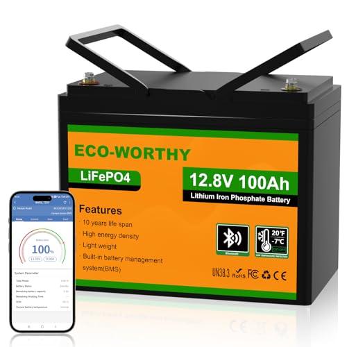 ECO-WORTHY Lifepo4 Batteria al litio Bluetooth 12 V 100 AH, Batteria LiFePO4 con Protezione a Bassa Temperatura, BMS Intelligente, 1280 Wh Energia, per Caravan, Campeggio, Sistemi solare, Pesca alla