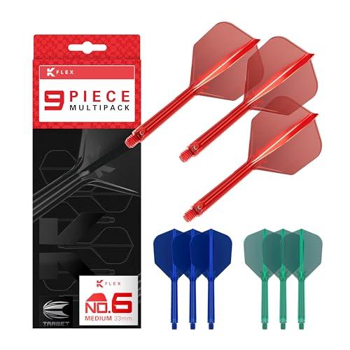 Target Darts K-Flex Integrated Dart Flights And Shafts, Stelo Medio (33mm), No.6 Flight, 9-Pack Bundle, Rosso, Blu e Verde | Kflex 2 in 1 Flight And STEM, Professional Darts Accessories