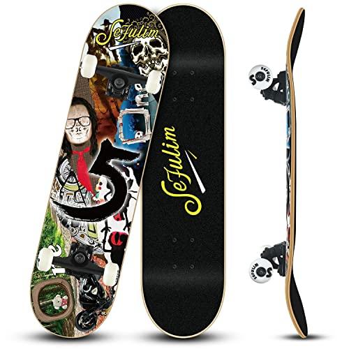 Sefulim 31 x 8 Pollice Completo Skateboard 7 Strati Acero Canadese Doppio Kick Deck Concavo Cruiser Trick Skateboard per Ragazzi Ragazze Adolescenti Adulti Principiante