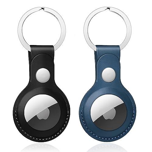 Portachiavi per Airtag in PU Pelle Nepfaivy- Porta per Airtag, Custodia Compatibile con Airtag, Cover per Airtag Apple, Portatile, Anti-graffio, Mantiene un Segnale Forte(Nero+Blu)