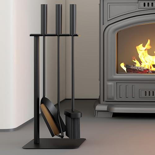 Kingson Kit di 4 attrezzi per camino, spazzola, pala, attizzatoio e supporto, 16 x 16 x 45 cm, accessori per caminetto, elegante set di accessori per caminetto
