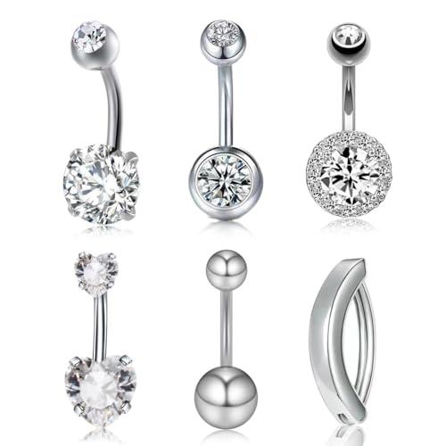 6 pezzi anelli per ombelico, anelli per ombelico da donna, anelli per ombelico invertiti, piercing ombelico acciaio chirurgico, anelli per ombelico con zirconi cubici e diamanti, 10 mm, argento