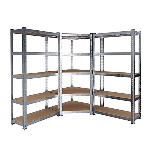 Sistema Di 3 Scaffali Metallo e MDF 2 Scaffali Per Magazzino E 1 Scaffale Angolare Alta Portata 15 Ripiani Totali Regolabili da 2625 kg Design Modulare Scaffalatura Capannone Officina Garage Cantina