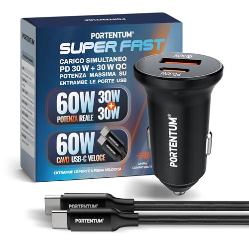 PORTENTUM Dual Simultaneous Car Charger 60W - 60W USB Type-C Cable Fast Charging - Car Battery Charger Mobile Phone - USBC PD 30W + USBA QC 30W - For iPhone iPad Android