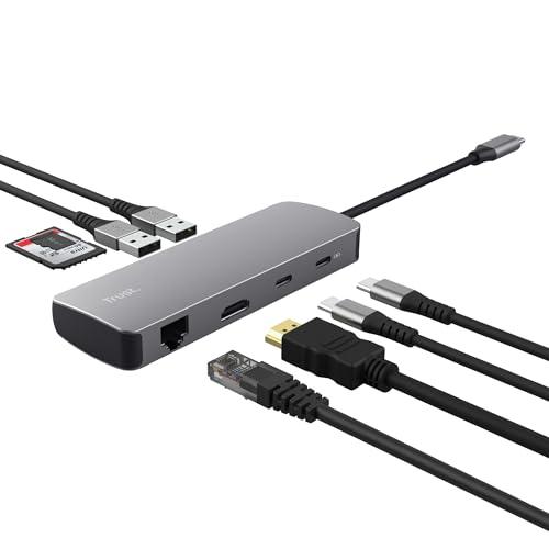 Trust Vylor Hub USB C 8-in-1 Adattatore HDMI 4K@60Hz, Gigabit Ethernet, Lettore di Schede MicroSD/SD, USB-C USB-A, Porta di Ricarica 100W, Docking Station PC Computer Portatili Dell HP MacBook