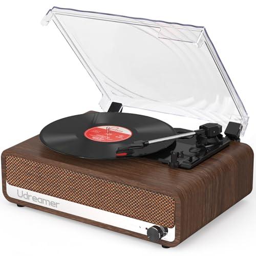 Udreamer Giradischi con altoparlante Bluetooth, vintage, in vinile, supporta USB, ingresso AUX, cuffie RCA Line-Out 3 velocità, trasmissione a cinghia, design a specchio, noce