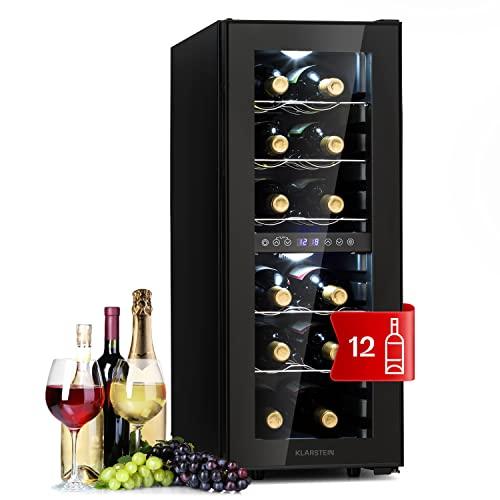 KLARSTEIN Cantinetta Vino Refrigerata a Zona Doppia per Interno/Esterni, Frigo Bar, Cantina Vino con Vetrina, Mini Frigo con Protezione UV, Frigorifero Piccolo Touch Control, 5-18°C 12 Bottiglie