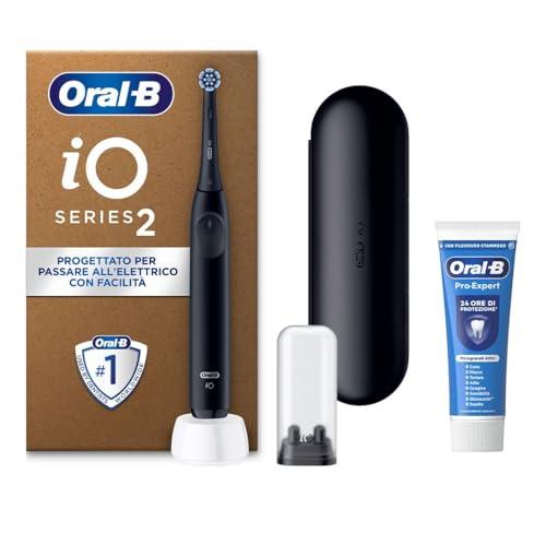 Oral-B Spazzolino Elettrico Ricaricabile iO 2 Nero, 1 Spazzolino Elettrico, 1 Testina Di Ricambio, Custodia Da Viaggio, Supporto per testine + 1 Dentifricio Oral-B Pro, Pulizia Denti Efficace