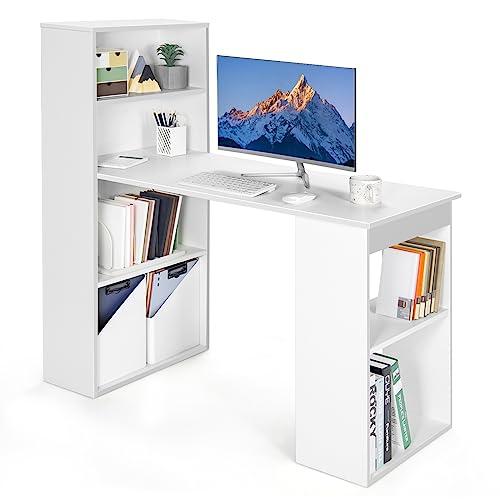 COSTWAY Scrivania per Computer con Libreria, Scrivania Salvaspazio Moderna con 6 Ripiani e Base Ampia, Scrivania Porta PC Moderna per Casa e Ufficio, 122 cm x 51 cm x 122 cm (Bianco)
