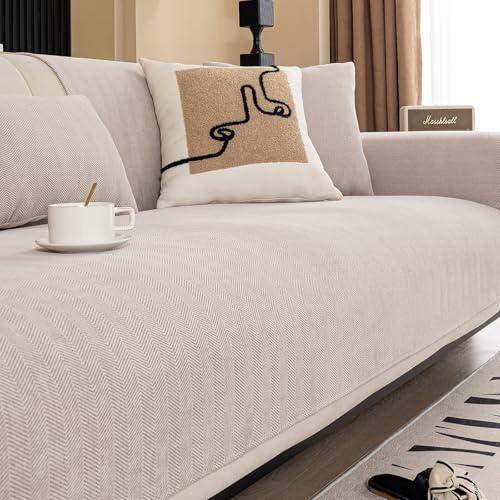 MDSASFD Copridivano componibile in ciniglia, lavabile per cani, motivo a spina di pesce, protezione antiscivolo, per divano a forma di L, copertura per bracciolo a forma di L (beige marrone, 91,4 x