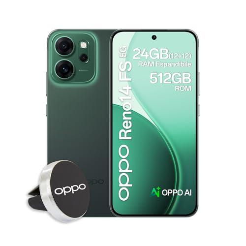 OPPO Reno14 FS 5G AI Smartphone, Tripla fotocamera 50+8+2MP, Selfie 32MP, Display 6.57” 120HZ AMOLED FHD+, 6000mAh, RAM 12GB(Esp4GB/8GB/12GB)+ROM 512GB, Supporto Auto [Versione Italia], Luminous Green