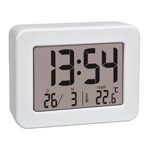 TFA Dostmann Mini sveglia con temperatura, 60.2044.02, orologio da tavolo, funzionamento a batteria, con data e termometro interno, sveglia da viaggio, piccolo, bianco