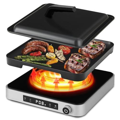 Cooktron Piastra a induzione con piastra per grigliare e copertura protettiva - Piano cottura a induzione da 2000 W a campo singolo + grill elettrico, 10+5 livelli, controllo touch e manopola per