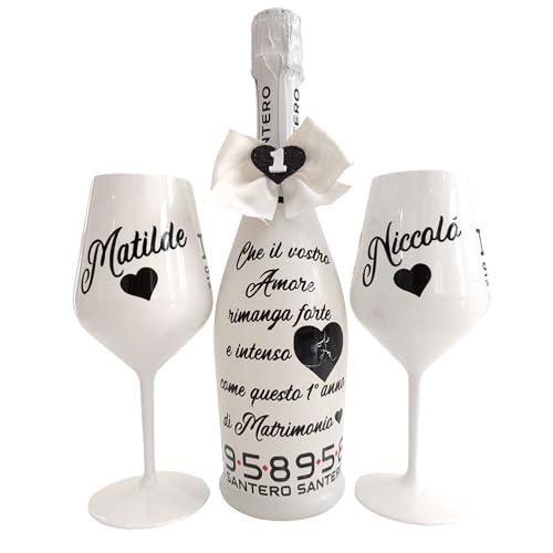 BOTTIGLIA Spumante e Bicchiere Personalizzabili ideali per San Valentino, Anniversario, Proposta di Matrimonio, Laurea, Compleanno, Natale, Scritta e Fiocco da scegliere in fase di personalizzazione