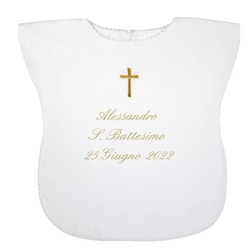 Coccole - Vestina da Battesimo Bimbo a Tema Croce Oro - Vestina per Battesimo Personalizzato con Nome e Data - Veste Bianca Battesimale in Tessuto Piquet Millerighe 100% Made in Italy