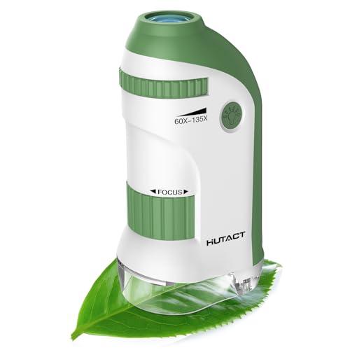 HUTACT Microscopio Tascabile con Set di Vetrini: 60x-135x Microscopia Mini a LED Microscopio Portatile Bambini Regalo Educativo per Studenti Adulti Osservazione Microbiologica - Verde
