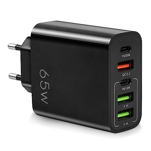 AXFEE 65W Caricatore Rapido USB Multipla PD & QC3.0, Alimentatore Caricabatterie Spina USB-C 5Porto,da Muro, Carica Cellulare per iPhone 17/16/15/14/13/12/11/Pro/Pro Max,Samsung Galaxy,Xiaomi,Huawei