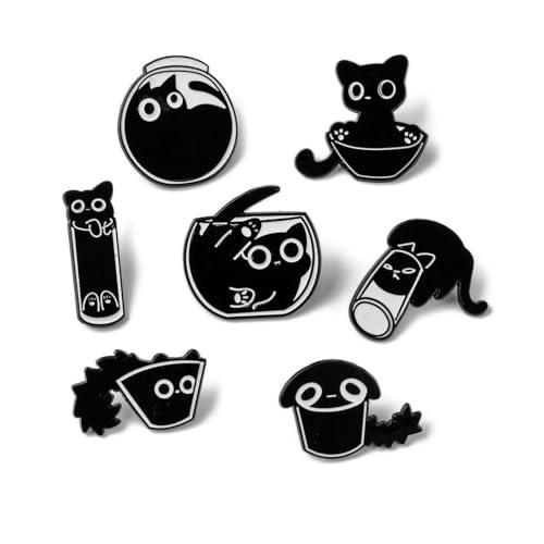 DHWEKU 7 spille nere smaltate a forma di gatto per donne e ragazze, simpatiche spille smaltate per giacche, spilla giocosa smaltata per gatti