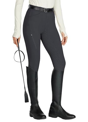 WILLIT Leggings da equitazione da donna, in silicone, con inserti completi, a vita alta, elasticizzati, con tasca con cerniera, passanti per cintura, grigio scuro, M