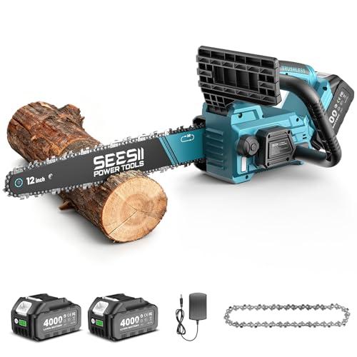 SEESII Motosega a Batteria 12 Pollici, 1200W Motosega Elettrica Motore Brushless, 2x4000mAh Batterie, Tensionamento Catena Senza Attrezzi, Perfetta per Potatura e Taglio del Legno
