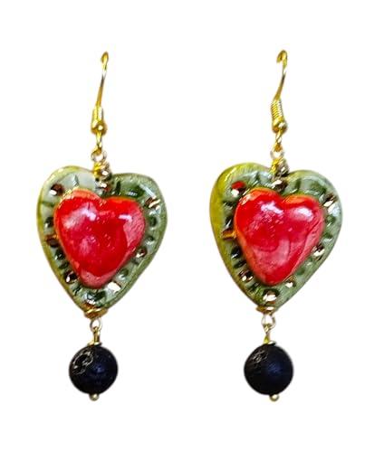 Orecchini Cuore Sacro Pendenti Ceramica Dipinta A Mano Fantasie Siciliane, Fatto a Mano Idea Regalo Natale Originale, Gioielli Siciliani Donna Ceramica (Verde)