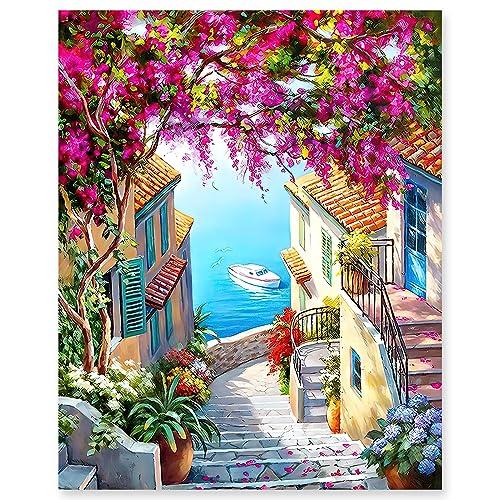 gelrovaled Dipingi con i Numeri per Adulti, Kit di Pittura acrilica Fai-da-Te per Adulti Principianti Facile su Tela, Decora la casa Regalo,con Vernici e pennelli, Flower Town 40 x 50cm