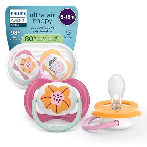 Philips Avent Ultra Start Pacifiers - Design ortodontico, per neonati 6-18 mesi, tettarella simmetrica in morbido silicone, senza BPA, con custodia per la sterilizzazione, confezione da 2, SCF080/27