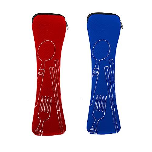 Mnsconkl Borsa per posate, Portaposate da Viaggio 2 pezzi, borsa per posate portatile con chiusura lampo, in neoprene, per viaggi, campeggio, picnic, scuola, pranzo (24 x 6,5 cm) (blue red)