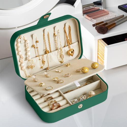 Mini portagioie da viaggio, 16 x 11,5 x 5 cm, organizer portatile per orecchini, anelli, collane, bracciali (verde scuro)