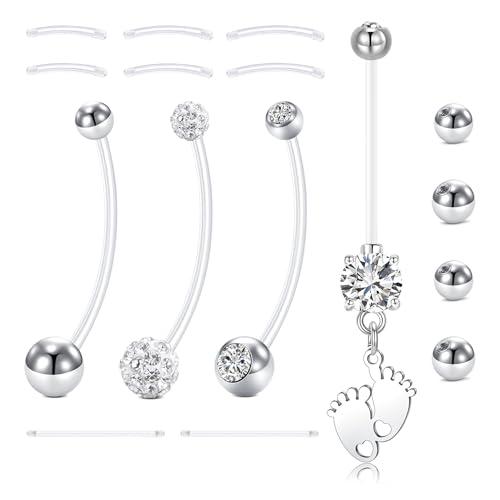 LAURITAMI 14G Piercing Ombelico Gravidanza Flessibile 32 mm Acrilico Fleixble Bioflex Piercing Gravidanza Ombelico con barra di ricambio 12/14/16/25 mm Sfera di ricambio 5/8 mm, 16 pezzi Set
