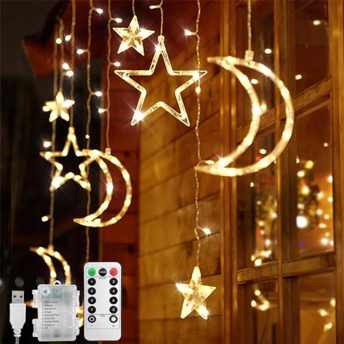 Jsdoin Stringa di luci LED a forma di stella, luna, 3,5 m, con 8 modalità lampeggianti, decorazioni per Natale, matrimoni, feste, casa, terrazza, ramadan, prato（B -Bianco Caldo）