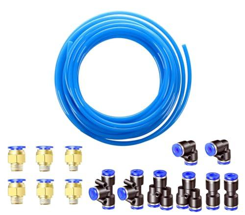 HUAZIZ 12mm OD 8mm ID Aria Pneumatica PU Tubo, 10 Meter Tubo per Aria Poliuretano Blu + 14 Pcs Pneumatico Connettore Raccordo per Tubo dell'aria Raccordi a Innesto Rapido a Innesto