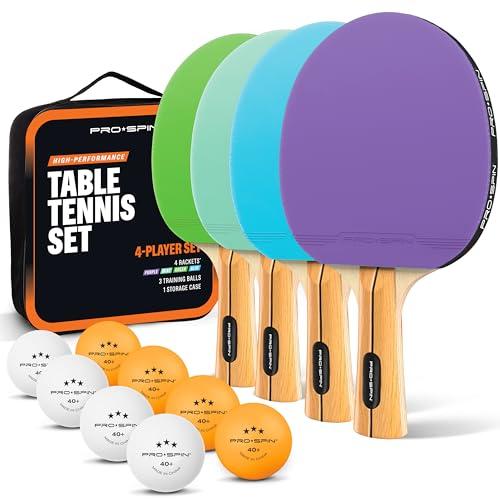 PRO-SPIN Ping Pong Set da Tavolo di Alta qualità - Racchette Ping-pong, Palline Ping Pong a 3 Stelle, Custodia Compatta - Gioco da Interni o Esterni (Set da 4 Giocatori, Viola/Blu/Menta/Verde)