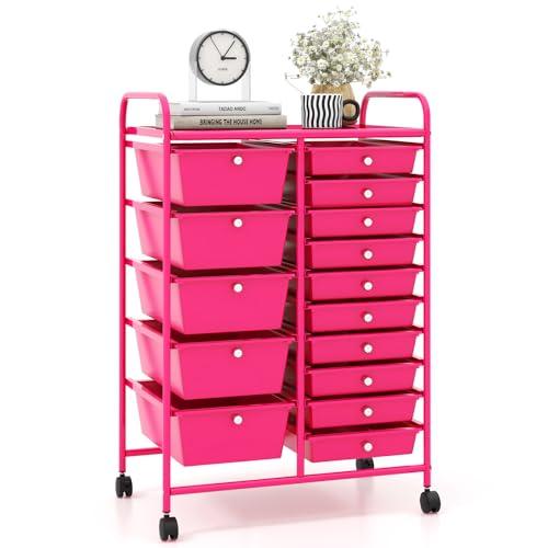 COSTWAY Carrello con 15 Cassetti Impilabili, Carrello di Stoccaggio con Ruote, Carello Portaoggetti per Casa e Ufficio, 63 x 37 x 87 cm (Rosa scuro)