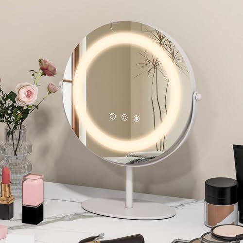 COSTWAY Specchio per Trucco 25 CM, Specchio da Tavolo con Luci LED Dimmerabile a 3 Colori, Rotazione a 360° e Funzione di Memoria, Specchio Rotondo HD con Supporto in Metallo, Bianco