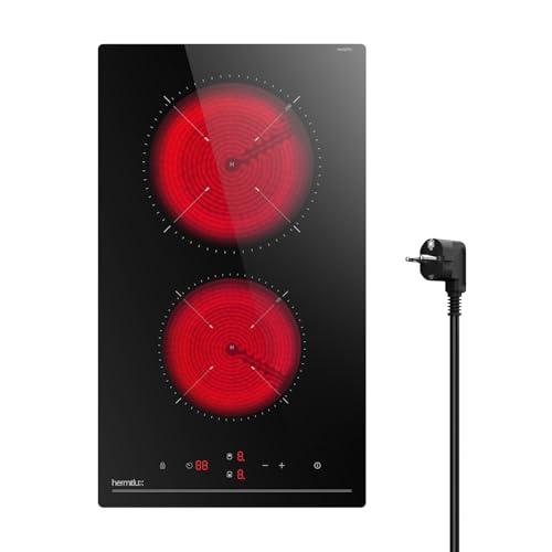 Hermitlux piano cottura vetroceramica 28,8 cm, 2 fouchi, 9 livelli di potenza, controllo tattile, timer, sicurezza bambini, adatto a tutte le pentole, 3300W