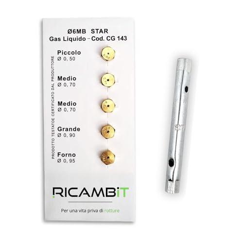 Kit 5 Ugelli Universali 6MB GPL per Bombole, Cucine a Gas | Misure Differenti (Piccolo 0,50-2x Medio 0,70 - Grande 0,90 - Forno 0,95) - Chiave a tubo cromata 6x7 esagonale doppia