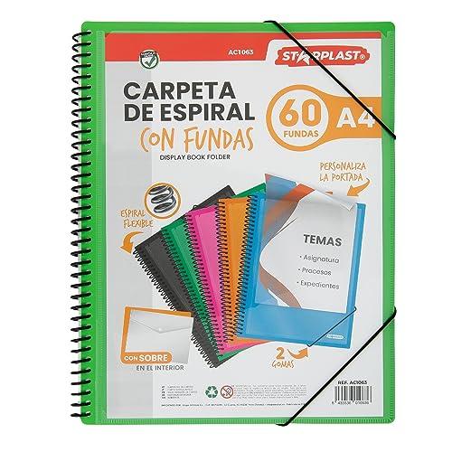 Starplast Cartella Buste Spirale Flessibile - 60 buste trasparenti, A4, chiusura elastica, copertina in polipropilene, copertina personalizzabile, per uso scolastico e ufficio - colore Verde