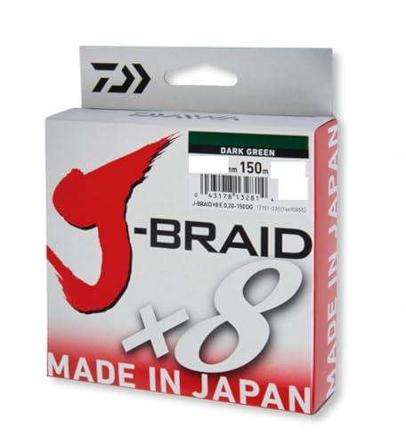 Daiwa J-Braid 8 Braid 0.16mm, 9.0kg / 20.0lbs, 300m verde scuro, lenza di pesca intrecciata rotonda