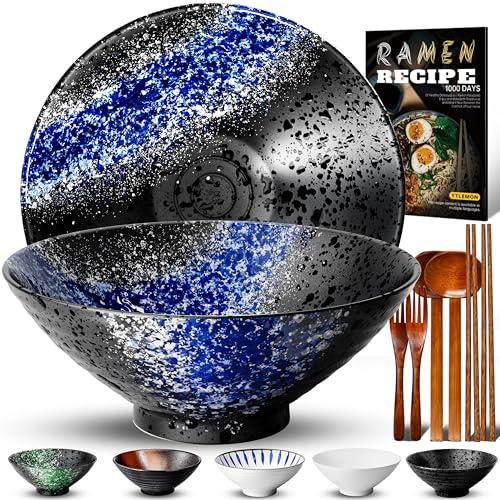 8 Pollici 2 Set Ciotola Ramen In Ceramica(9 pezzi), Ciotola Di Pasta Giapponesi Con Ricette Forchetta Bacchette E Cucchiaio Per Spaghetti Zuppa Di Insalata Snack Bowl Regali Per Uomini Donne Di Casa