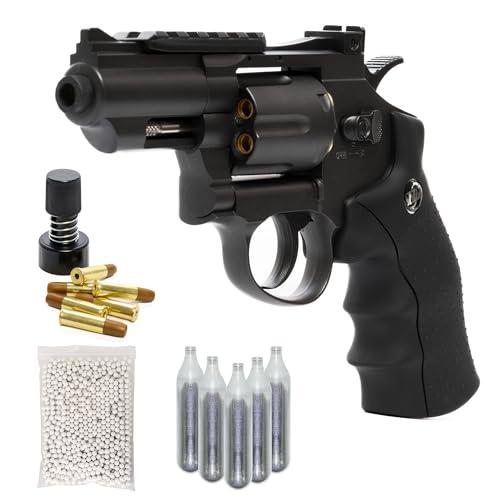 Pistola Softair Revolver, Pistola a Pallini, 5 bombolette Co2, 1000 Pallini 6mm, caricatore, 6 bossoli, Airsoft, Pistole Softair, potenza 0,9 joule, dimensioni cm 34x12,5 (Nero)