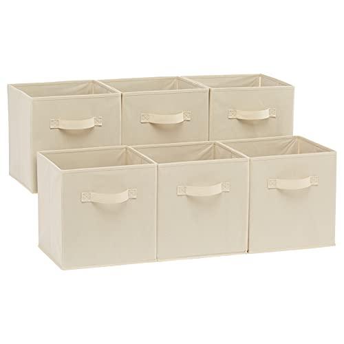 Amazon Basics Cubo/organizer portaoggetti pieghevole in tessuto, con maniglia, 26.67 x 26.67 x 27.94 cm, (confezione da 6), Beige, Tinta Unita