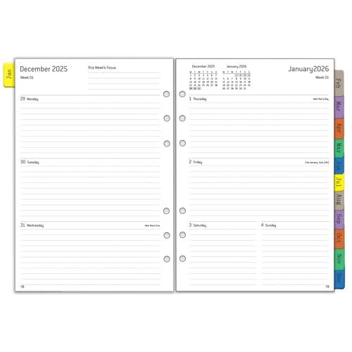 Ricambio Agenda Organizer 2026 Settimanale A5, 6 Fori, Planner Diario con Divisori Mensili, Password, Nota, Contatto, Da Gennaio a Dicembre 2026, 100gr, Ricariche per Taccuino 6 Anelli